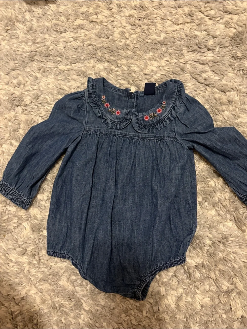 GAP Denim-Style Baby Romper with Pink Floral Embroidery